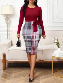 SHEIN Lady Women's Round Neck Long Sleeve Plaid Belted Waist Fitted Elegant Mid-Length Dress - Red - View 9