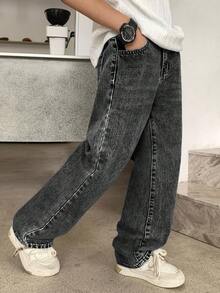 SHEIN Jeans droits décontractés et confortables en denim bleu vintage cool pour garçons, vêtements Y2K pour enfants. Vêtements quotidiens doux pour garçons, vêtements d'automne et d'hiver, tenues de rentrée scolaire, de fête, de festival et de plage, streetwear scolaire, style old money streetwear punk - Noir - Voir 4