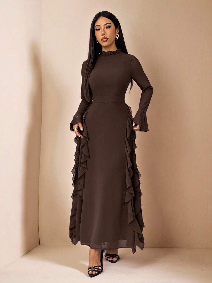 SHEIN PETITE 女士优雅红色高领长袖荷叶边下摆连衣裙，适合约会之夜、庆典、秋冬、茶会礼服 - 棕色 - 查看 1