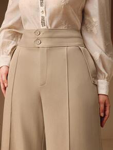 Anewsta Quần ống loe dài màu kaki cạp cao hai lớp thanh lịch, có túi thắt lưng dành cho nữ, Xuân/Thu - Màu Khaki - Xem 4