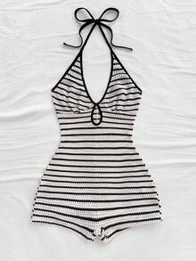 Soleia 女士休闲度假新款 V 领露背系带蝴蝶结镂空黑白撞色修身罗纹连体裤，适合派对、约会、下午茶、海滩 - 黑與白 - 查看 3