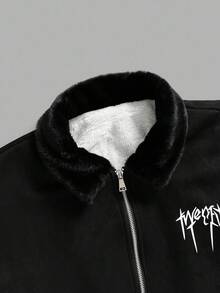 PAVTROS Men's Casual Turndown Collar Thermal Thermal Lined Black Long Sleeve Jacket With Small Logo Print, Retro Streetwear Style, Suitable For Autumn/Winter, Casual Black Jacket - Black - View 4