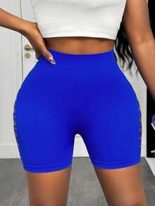 Slaydiva Minimalist Solid Color Seamless Sports Shorts, Fashionable For Summer - Royal Blue - View 4