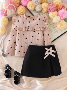 SHEIN 两件套女童杏色针织超大翻领长袖上衣搭配黑色蝴蝶结装饰裙，独特设计，时尚童装，适合春秋季户外、派对、通勤等场合。 - 杏色 - 查看 6