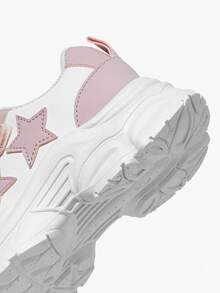 JNSQ A Pair Of Fashion And Leisure Basic Versatile And Comfortable Soft-Soled Lightweight Girl Lace-Up Flat-Soled Sneakers, Back-To-School Season Stars, Pink Fun And Cute Little White Kids Shoes - Pink - View 8