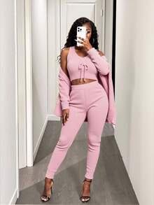 VaVaBold 純色短款針織上衣和前面打結開衫和針織褲 - 粉色 - 查看 5