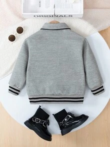 SHEIN Elladie kids 时尚休闲女童外套，卡通图案印花，可爱彼得潘领，适合秋季穿着 - 灰色 - 查看 2