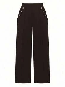 SHEIN CURVE+ 大码女式宽松阔腿休闲商务西装裤，纽扣设计 - 咖啡棕 - 查看 6