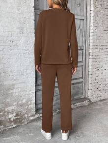 SHEIN PETITE 2 件套女式长袖运动衫和裤子套装，套头衫和松紧腰裤，带抽绳 - 棕色 - 查看 2