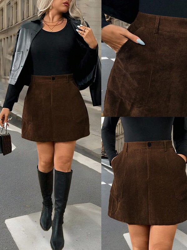Easura Plus Size Corduroy A-Line Zipper Pocket Decorated Midi Skirt