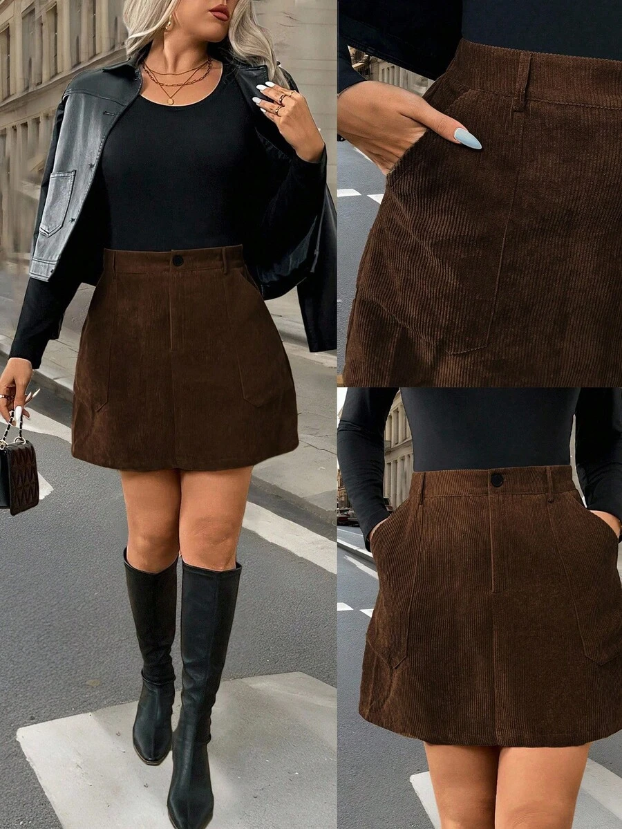 Easura Plus Size Corduroy A-Line Zipper Pocket Decorated Midi Skirt