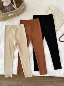 LMoss Kids LMoss 3pcs/Set Legging Kasual Pas Badan Warna Polos untuk Anak Perempuan, Natal, Gaya Nyaman Musim Gugur & Musim Dingin, Nyaman dan Musim Gugur & - MultiWarna - View 2