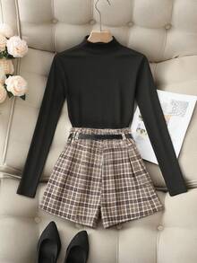 Franclia 优雅女士黑色针织高领上衣搭配复古法式格子修身短裙，配黑色腰带，两件套，秋季 - 彩色 - 查看 2