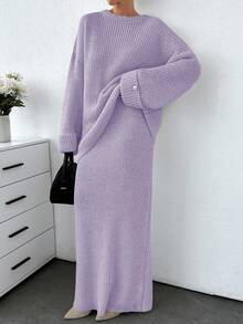 SHEIN Bộ áo len và chân váy len dáng rộng màu trơn dành cho nữ - Màu Lilac Tím - Xem 2