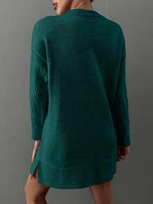 EURMUSE Casual Loose Solid Color Long Sleeve Women Sweater Dresses - Dark Green - View 2
