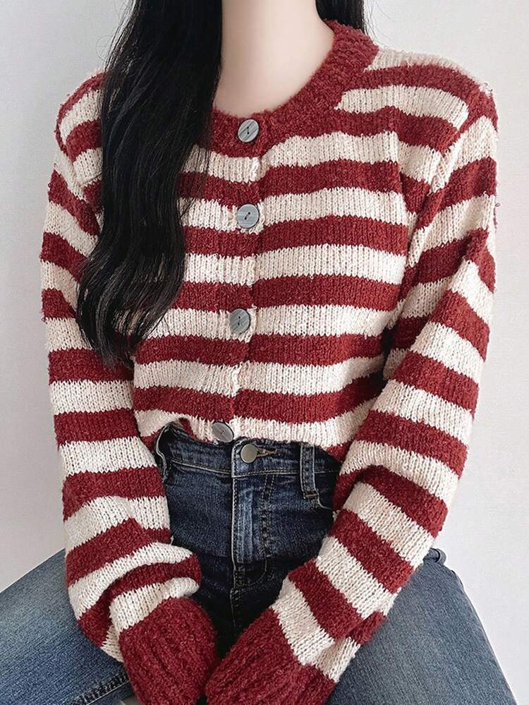 Soft & Cozy Red Striped Cardigan Sweater For Women, Autumn/Winter