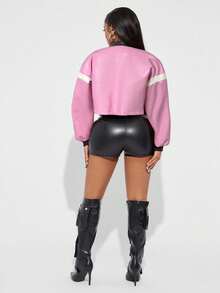 Radiana Women's Letter Print Color Block Short PU Leather Jacket, Motorcycle/Racing/Pilot Jacket, Versatile Outerwear For Autumn/Winter Jacket Y2k Baddie Outfit Jacket Women Racing Jacket Y2k Jacket Racer Jacket Pink Jacket Cropped Jacket