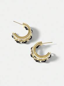 MOTF PREMIUM 2PCS BLACK DOUBLE LAYER CHAIN & ZIRCONIA STUD EARRINGS - Gold - View 8