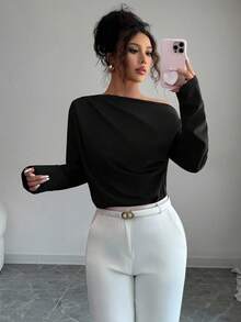 Elenzga Áo cánh dài tay xếp nếp lệch vai mới thu đông dành cho nữ - màu đen - Xem 4