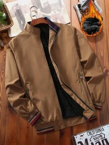 Manfinity Homme Veste zippée à doublure thermique de couleur unie pour hommes, manches longues, chaude pour l'automne/l'hiver, veste décontractée marron - Kaki - Voir 1