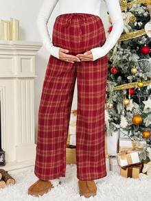 SHEIN Christmas Autumn And Winter Maternity Casual Plaid Straight Leg Pants, Autumn/Winter Plaid Pants Red Plaid Pants Pajama Pants Wide Leg Pants Checkered Pants - Red - View 4
