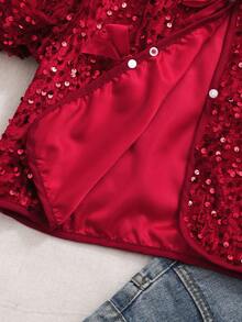 SHEIN 青少年女孩时尚优雅亮片蝴蝶结装饰夹克 - 紅色 - 查看 9