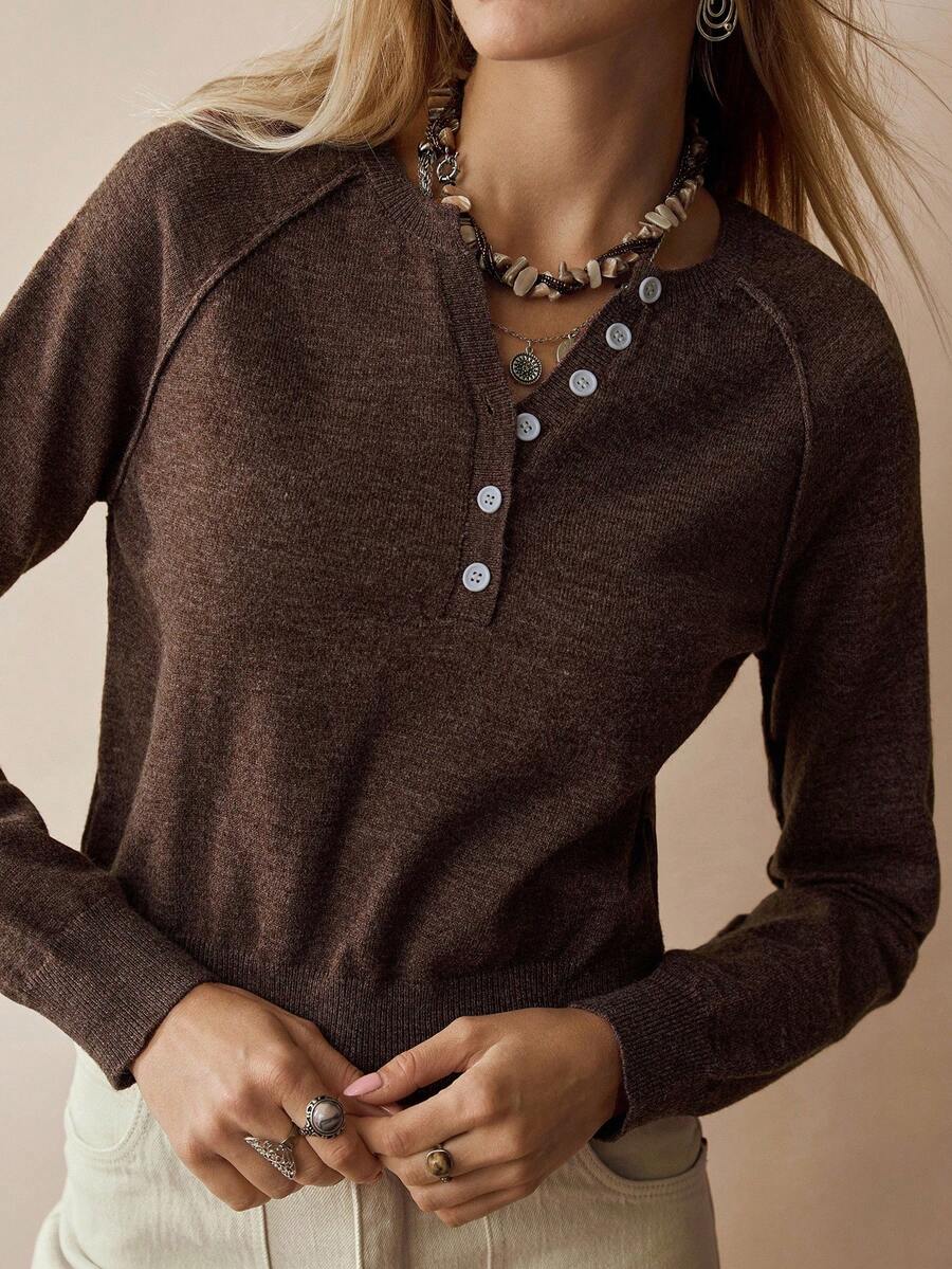 Florisole Pull vintage tricoté, pull ample et décontracté pour femme avec boutons, automne/hiver - Marron - Voir 1