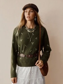 Florisole French Paris Style Casual Star Pattern Pullover Sweater - Green - View 5