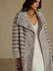Aveloria Rosie 新款时尚简约高端设计别致长款上衣带口袋，人造毛皮拼接优雅时尚夹克 - 灰色 - 查看 1
