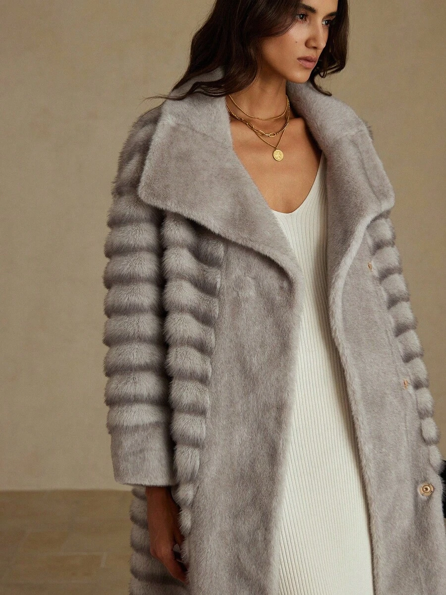 Aveloria Rosie 新款时尚简约高端设计别致长款上衣带口袋，人造毛皮拼接优雅时尚夹克 - 灰色 - 查看 1