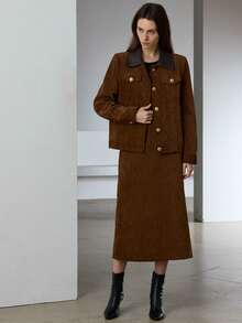 Aveloria Modichic 法式复古风格休闲雪尼尔两件套，领口撞色皮夹克上衣和 A 字高腰修身裙，优雅休闲女装 - 棕色 - 查看 1