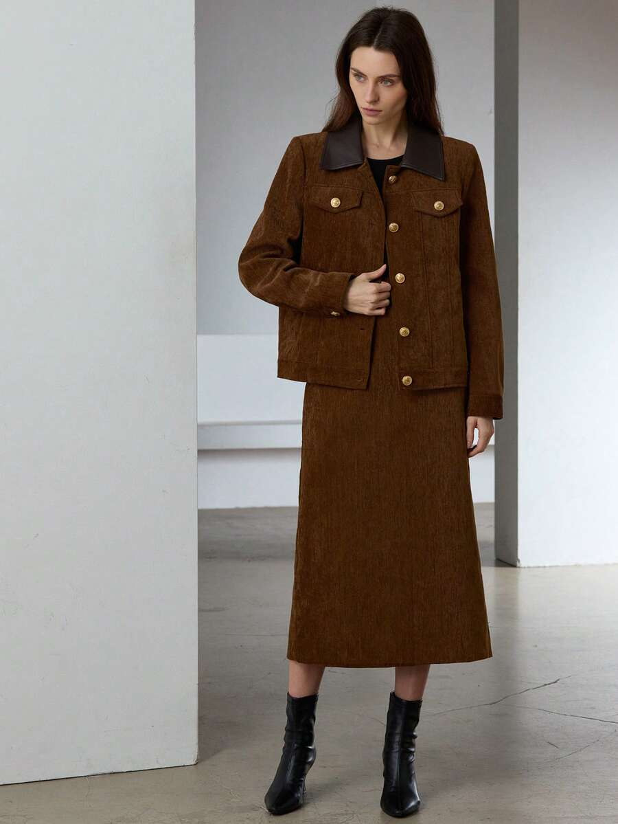 Aveloria Modichic 法式复古风格休闲雪尼尔两件套，领口撞色皮夹克上衣和 A 字高腰修身裙，优雅休闲女装 - 棕色 - 查看 1