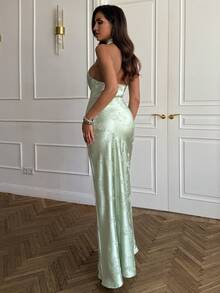 SHEIN BAE 浅绿色无袖连衣裙，优雅缎面礼服，适合早午餐、婚礼宾客、鸡尾酒会和正式场合，女士婚礼宾客礼服 - 綠色 - 查看 2