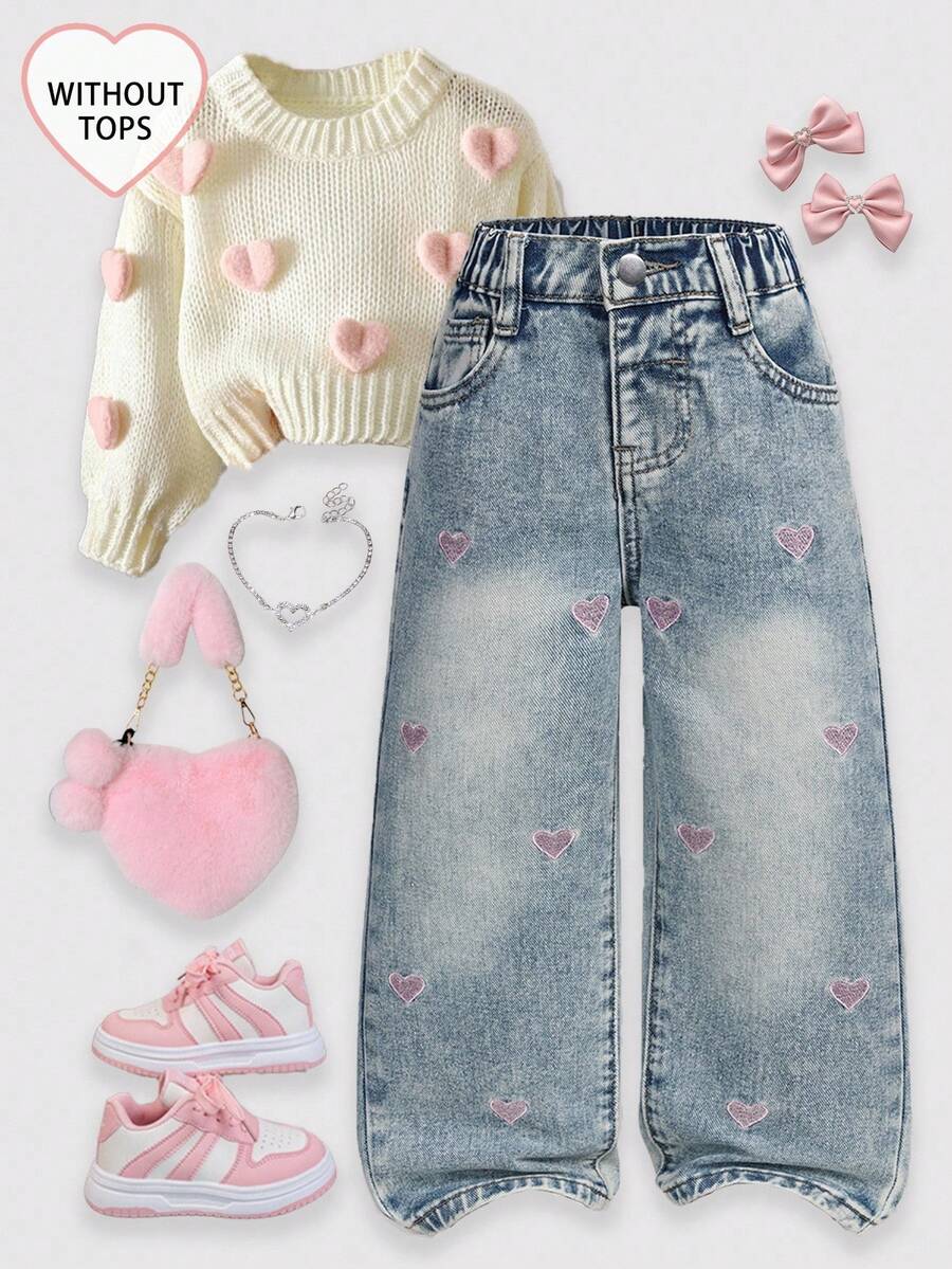 SHEIN Explorewe Girls' Fashionable Casual Heart Embroidery Loose Straight Leg Jeans - Medium Wash - View 1