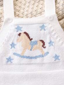 SHEIN Newborn Baby Knitted Footed Jumpsuit,White,Autumn,Cute Jacquard Cartoon Rocking Horse Design Handmade Ball Infant Clothes For Fall - White - View 5