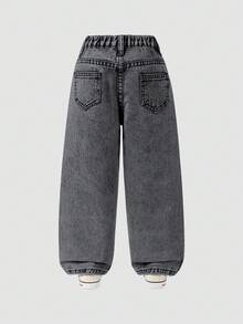SHEIN Explorewe 年轻女孩时尚雪花水洗3D立体植绒阔腿牛仔裤，摇滚70年代牛仔裤 - 深灰色 - 查看 2