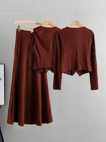 GlowEve CURVE Women's Plus Size Solid Color Vintage Ribbed Knit Gold Button Sleeveless Vest + Jacket + Skirt Elegant 3-Piece Set, Autumn/Winter - Brown - View 2
