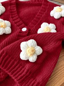 SHEIN LMoss Kids LMoss Baby Girl Cute Floral 3D Knit Long Sleeve Cardigan, Autumn Winter