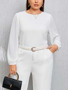 SHEIN Privé Plus Size Women's Solid Color Round Neck Lantern Sleeve Loose Fashion Blouse