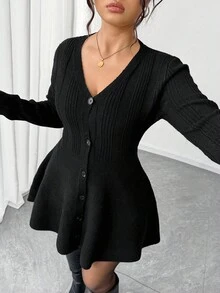 Elenzga Plus Size Women Casual Solid Color Cinched Waist Cardigan, Autumn/Winter Fall Cloth , Halloween - Black - View 2
