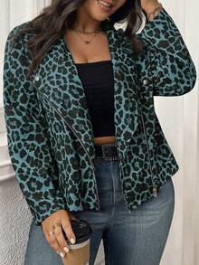 EMERY ROSE 大码豹纹修身摩托车夹克 - 霧霾藍 - 查看 4