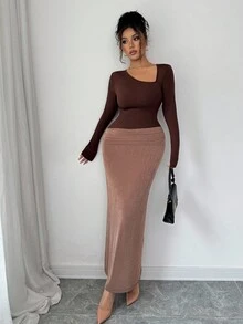 SHEIN Elenzya 优雅复古光泽垂坠高弹力面料时尚不对称肩部荷叶边拼接修身荷叶边下摆迷你 A 字连衣裙，适合秋冬季 - 棕色 - 查看 3