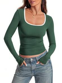 INAWLY Camiseta casual de cuello redondo de manga larga para mujer, primavera y verano - Verde Oscuro - Ver 5