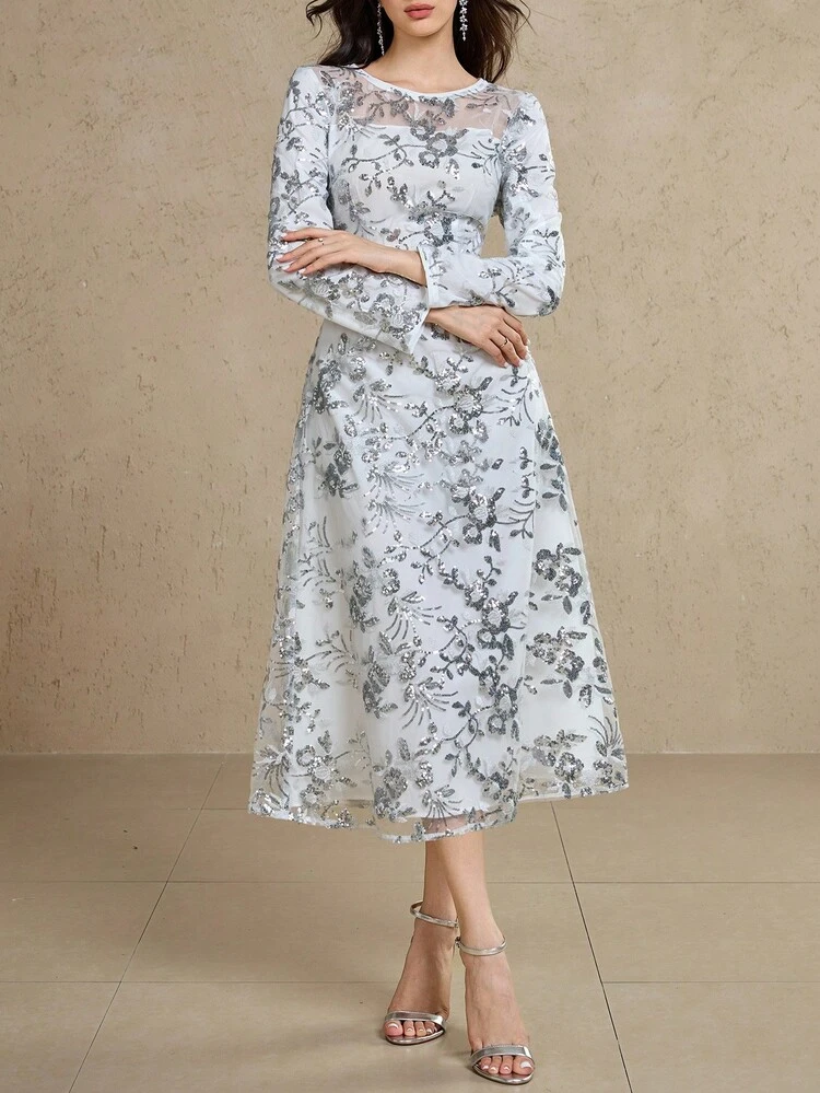 Women's Floral Sequin Mesh Round Neck Long Sleeve Elegant Mid-Length Dress Maxi Dress