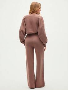 Eassivo Eassivo 3件套宽松长袖外套+圆领背心+系带裤针织套装 - 棕色 - 查看 9