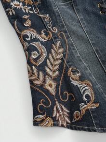 ROMWE Avant Plus Size Medieval Western Rustic Floral Embroidered Denim Blouse - Blue - View 3