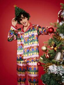 Notgurli Men's Cartoon Print Button-Up Top & Pants Loungewear Set, Fall Clothes, Christmas - Multicolor - View 6