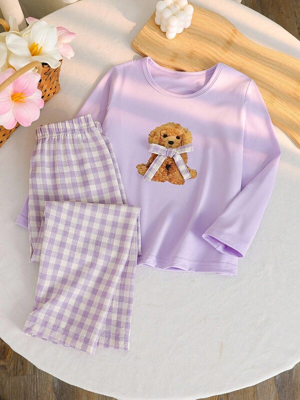 SHEIN Playful Pals 2pcs Girls Cartoon Puppy & Bow Print Knit Long Sleeve Top And Pants Pajama Set Fall Winter