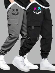 SHEIN 2pcs/Set Teen Boys' Casual Smiling Face Print Pocket Jogger Pants, Black & White Trousers Set, Suitable For Autumn, Winter, School, Home, Daily, Sports, Outings, Versatile & Minimalist Fall - Grey - View 1