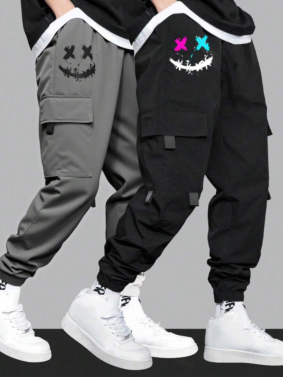 SHEIN 2pcs/Set Teen Boys' Casual Smiling Face Print Pocket Jogger Pants, Black & White Trousers Set, Suitable For Autumn, Winter, School, Home, Daily, Sports, Outings, Versatile & Minimalist Fall - Grey - View 1